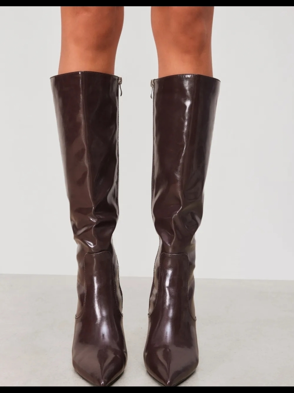 Classic Brown Knee-High Pointed-Toe Heeled Boots - Picture 11 of 14
